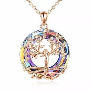Tree of Life Round Rainbow Crystal Tree Necklace with Circle Crystal Pendant